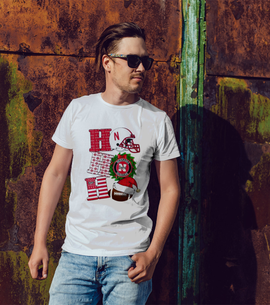 Nebraska Cornhuskers Ho Ho Ho Christmas Football Helmet Wreath Santa Hat Football T-Shirt