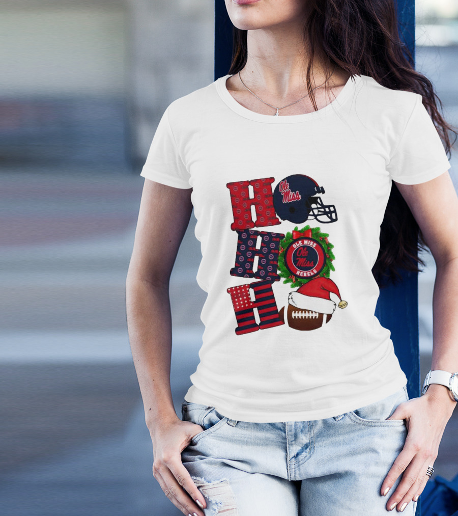 Ole Miss Rebels Christmas Football Helmet Wreath Ho Ho Ho T-Shirt