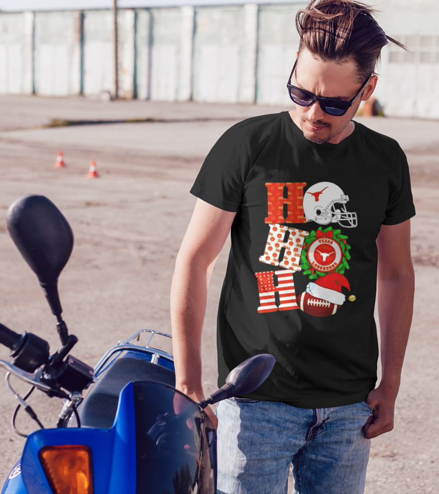 Texas Longhorns Ho Ho Ho Christmas Football Helmet Wreath Santa Hat T-Shirt