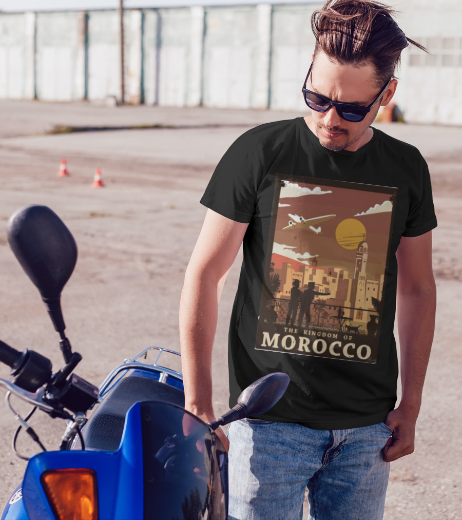 The Kingdom Of Morocco Skyline View With Airplane And Sunset Scene T-Shirt