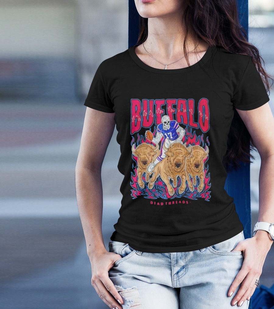 Buffalo Football Dead Threads Skeleton Quarterback Riding Buffalos T-Shirt