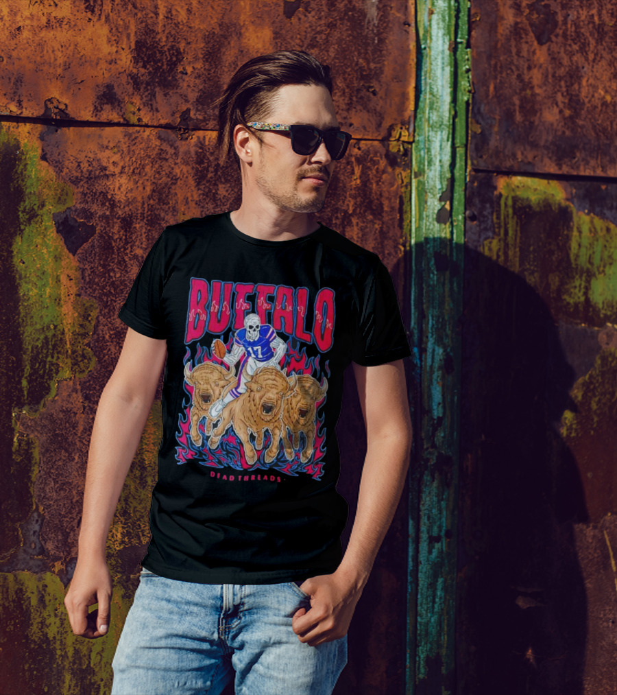 Buffalo Football Dead Threads Skeleton Quarterback Riding Buffalos T-Shirt