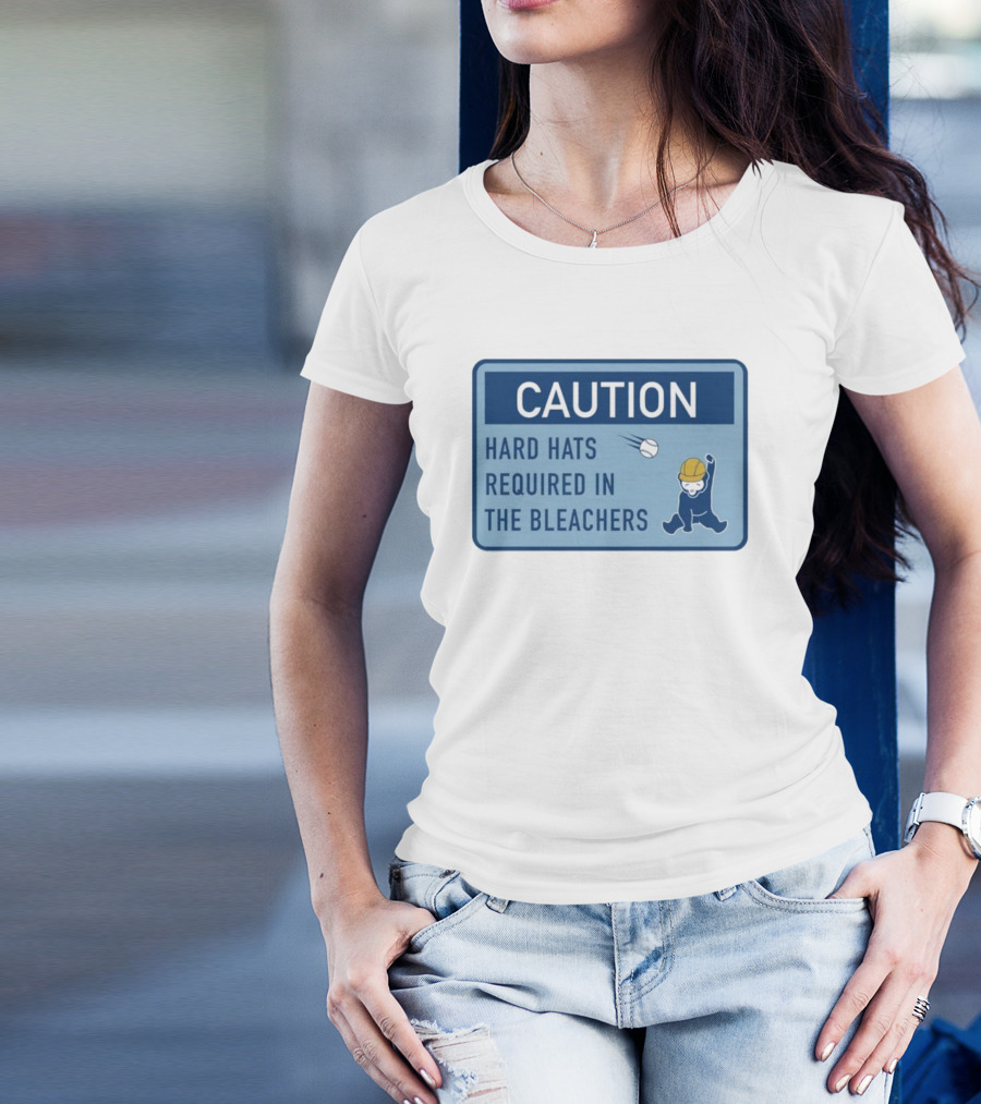 Caution: Hard Hats Required In The Bleachers With Cartoon Worker And Falling Object T-Shirt