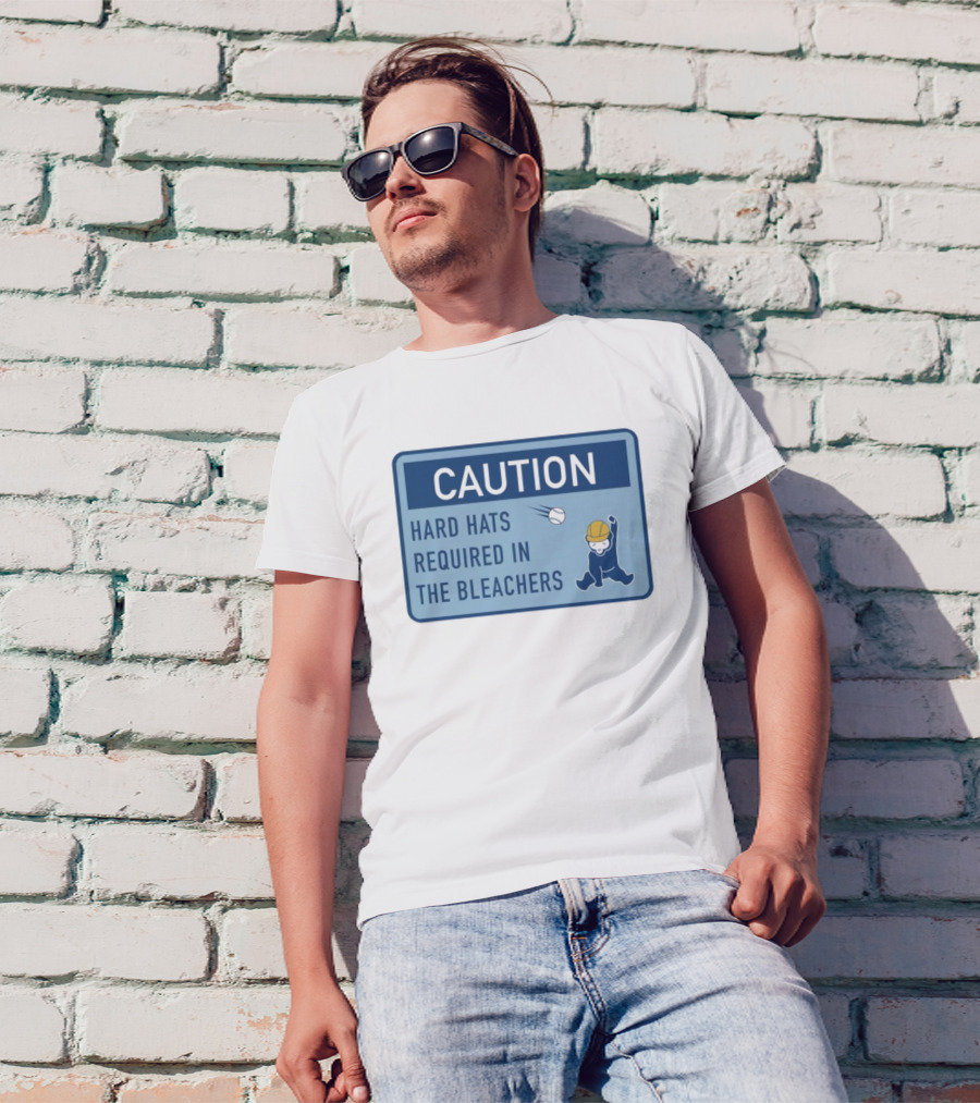 Caution: Hard Hats Required In The Bleachers With Cartoon Worker And Falling Object T-Shirt