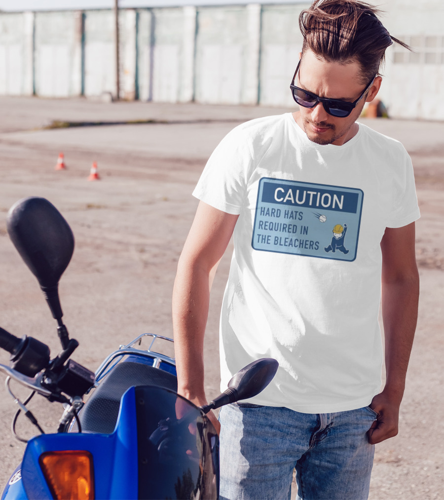 Caution: Hard Hats Required In The Bleachers With Cartoon Worker And Falling Object T-Shirt