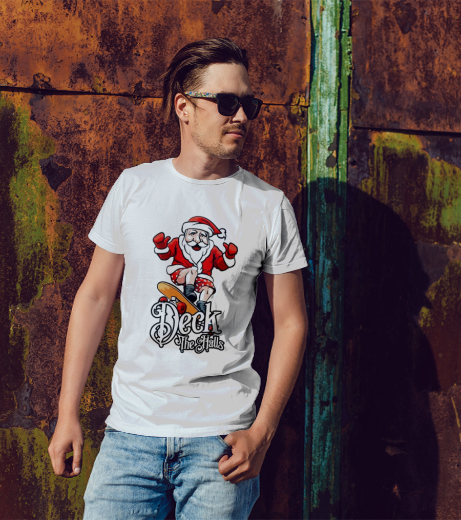 Skateboarding Santa Claus Deck The Halls Christmas Holiday Fun T-Shirt