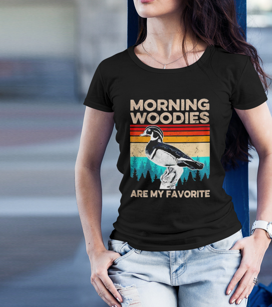 Morning Woodies Are My Favorite Vintage Duck Silhouette Retro Stripes Forest Pines T-Shirt
