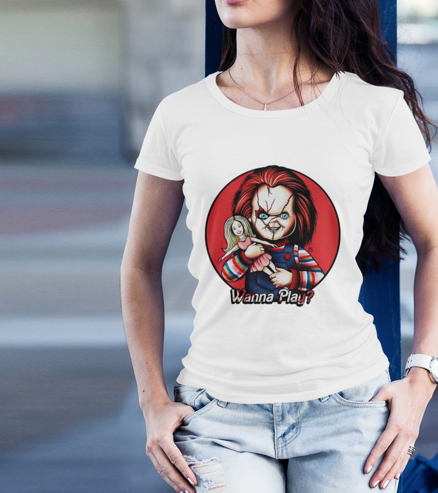Chucky Holding Doll With Wanna Play? Text In Red Circle T-Shirt
