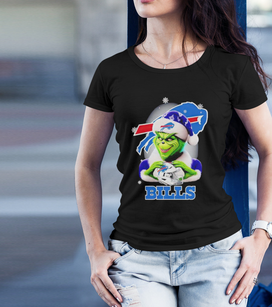 Grinch Love Buffalo Bills Christmas Santa Hat Snowflakes T-Shirt