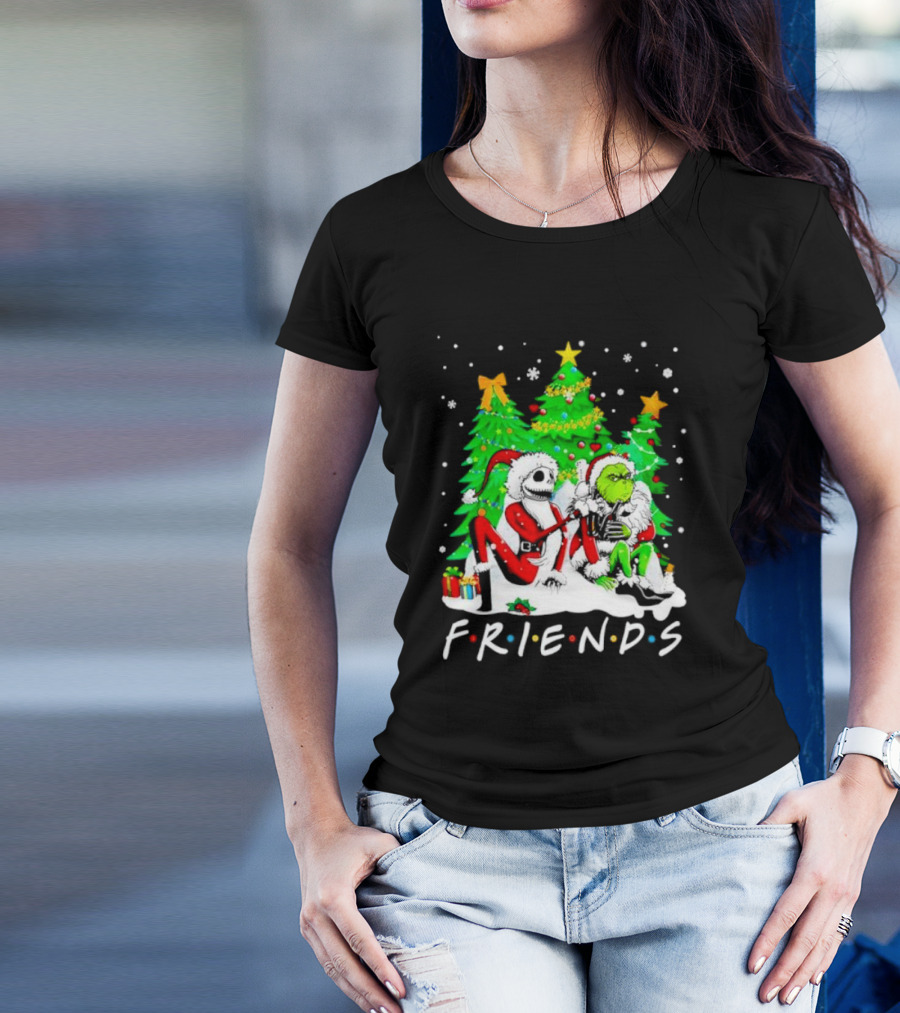 Friends Jack Skellington And Grinch Christmas Scene With Santa Outfits And Christmas Trees T-Shirt