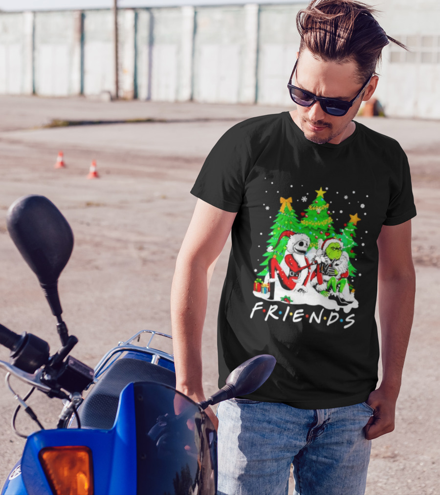 Friends Jack Skellington And Grinch Christmas Scene With Santa Outfits And Christmas Trees T-Shirt