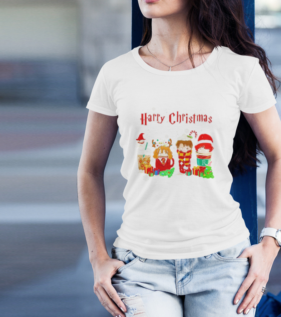 Harry Christmas Chibi Coffee Characters Festive Winter Scene T-Shirt