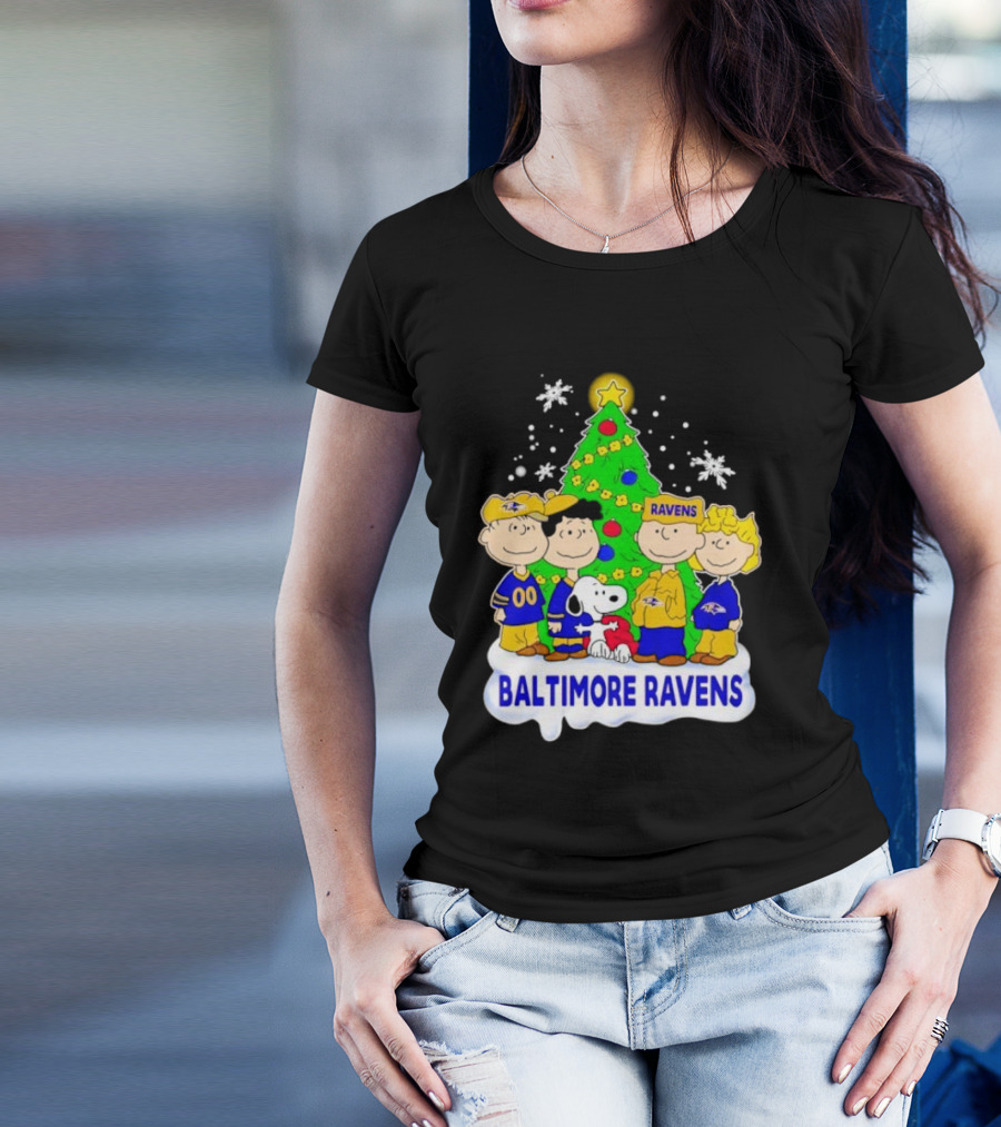 Baltimore Ravens Christmas Tree With Peanuts Characters T-Shirt