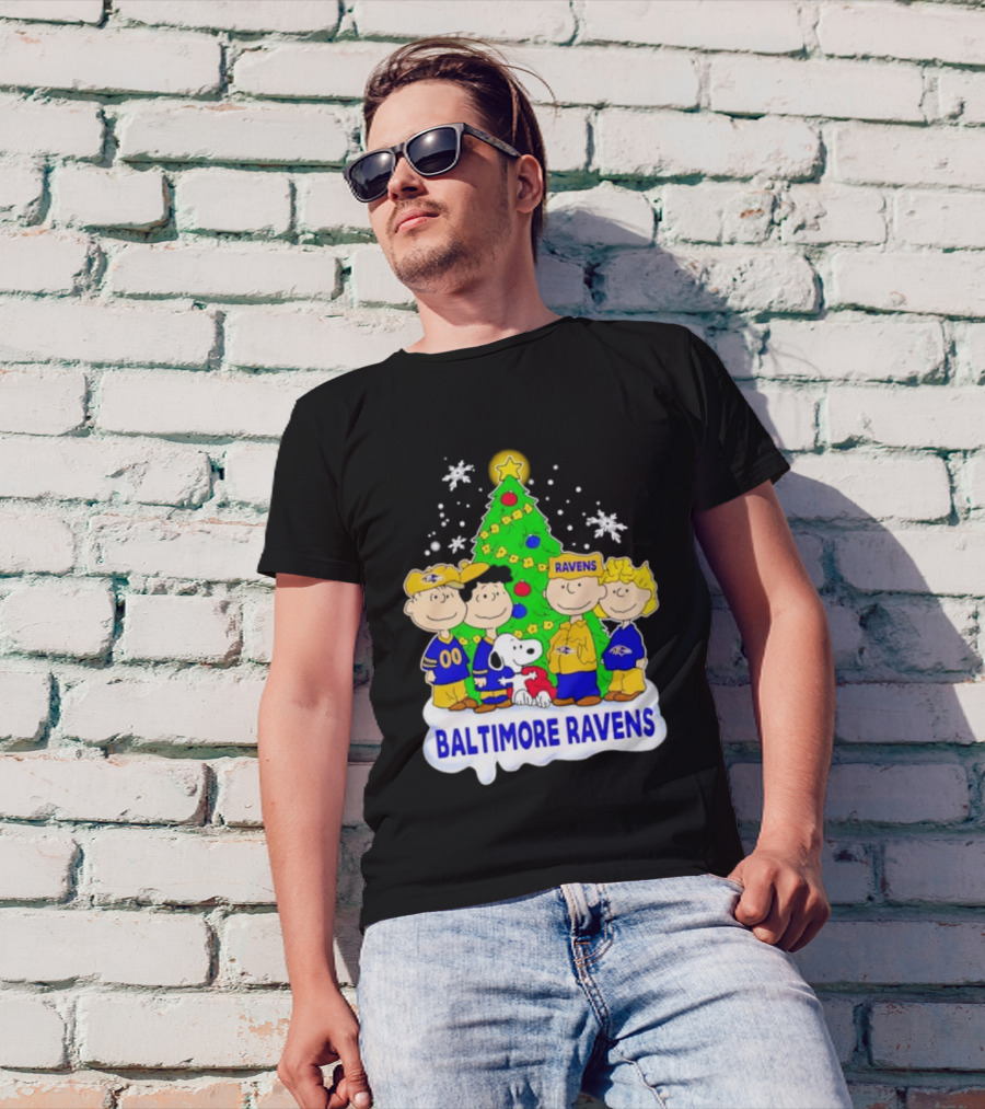 Baltimore Ravens Christmas Tree With Peanuts Characters T-Shirt