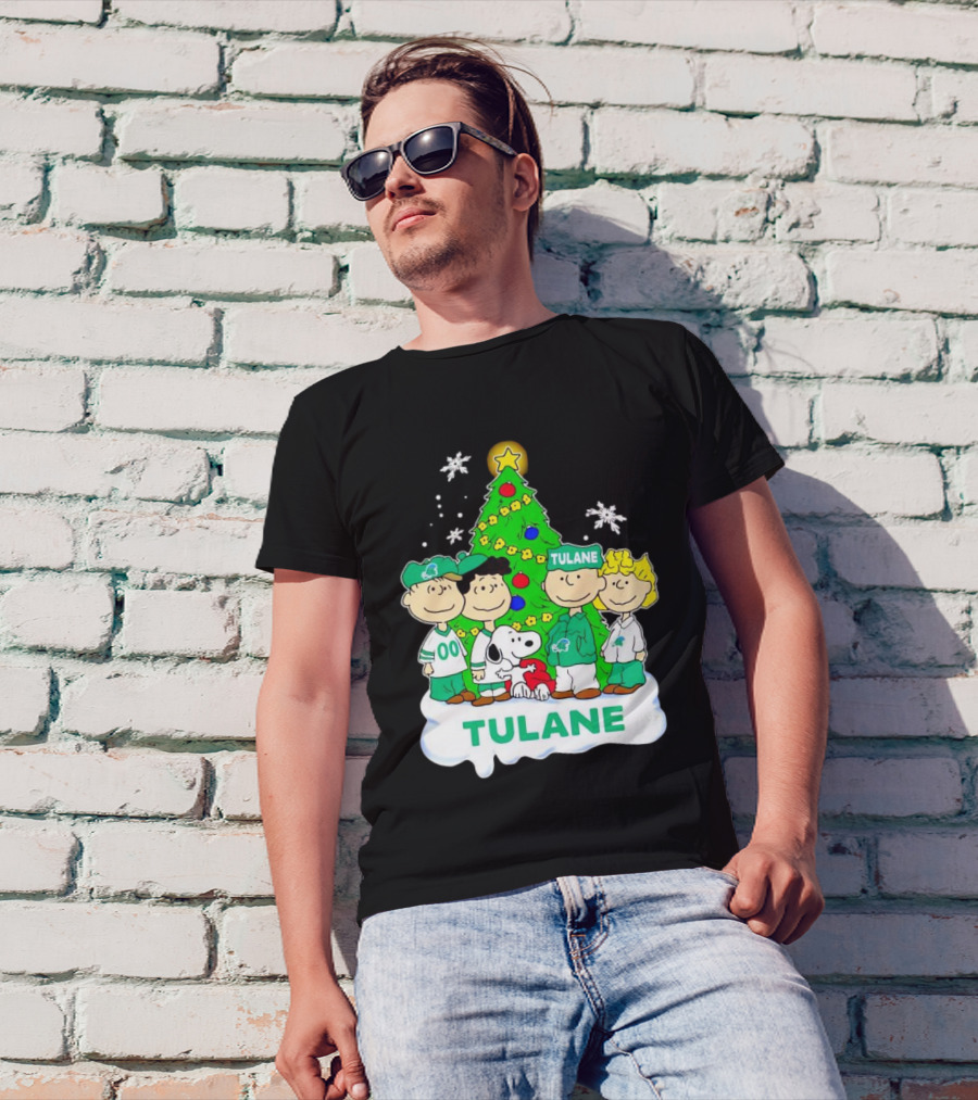 Peanuts Characters Tulane Green Wave Christmas Tree Snoopy Snowflakes T-Shirt