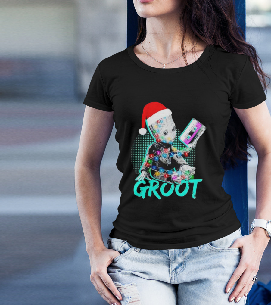 Santa Baby Groot With Cassette Tape And Holiday Lights T-Shirt