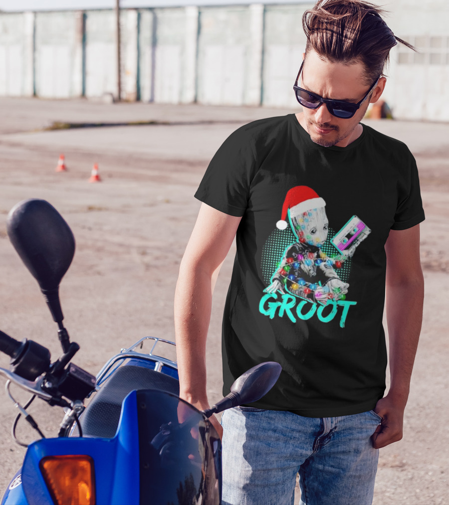 Santa Baby Groot With Cassette Tape And Holiday Lights T-Shirt