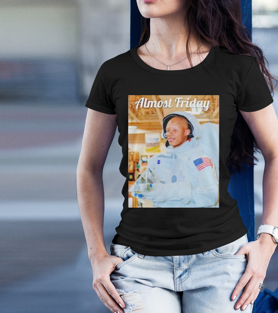 Almost Friday Astronaut Holding Crystal Model In NASA Spacesuit With American Flag Patch T-Shirt