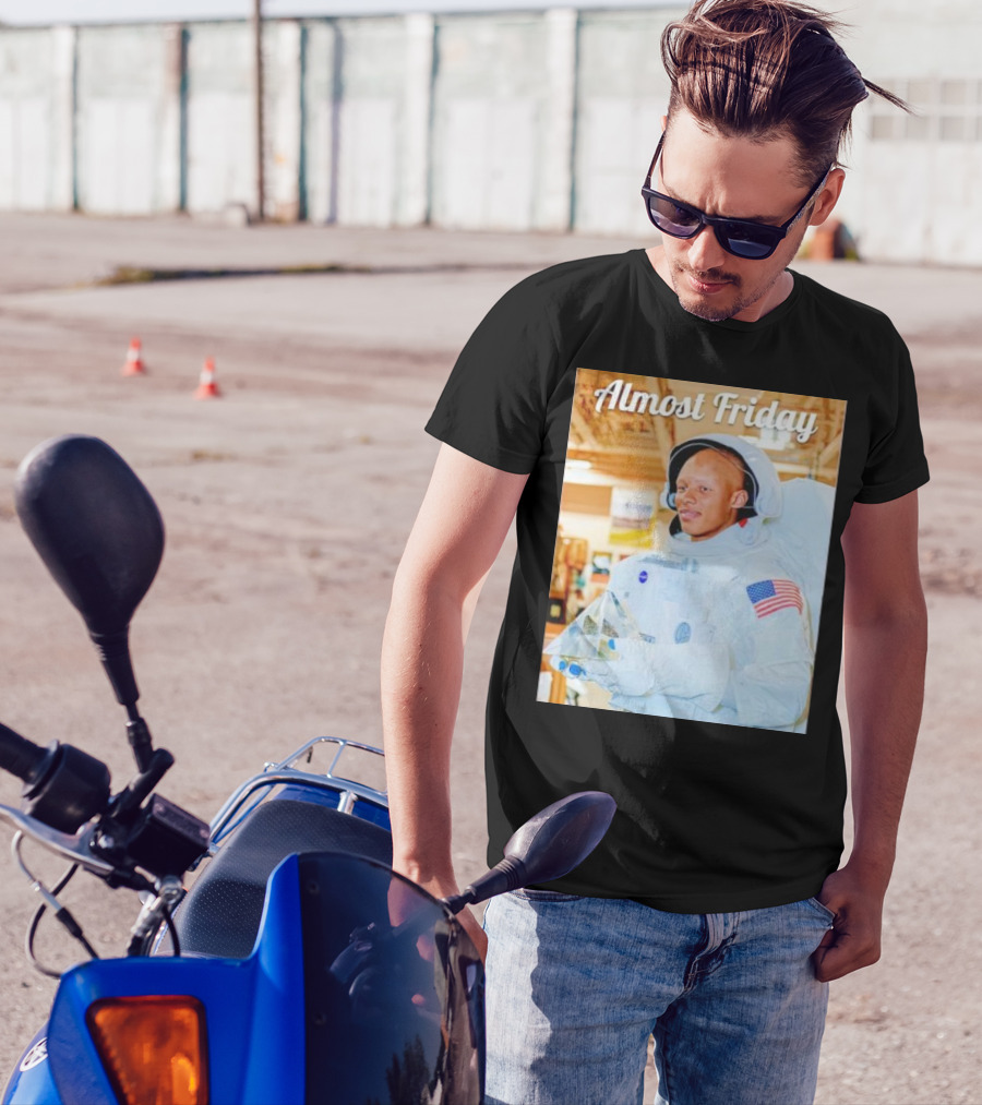 Almost Friday Astronaut Holding Crystal Model In NASA Spacesuit With American Flag Patch T-Shirt
