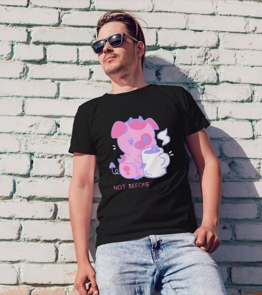 Fat Nuggets Not Before Coffee Pig Holding Steaming Mug T-Shirt