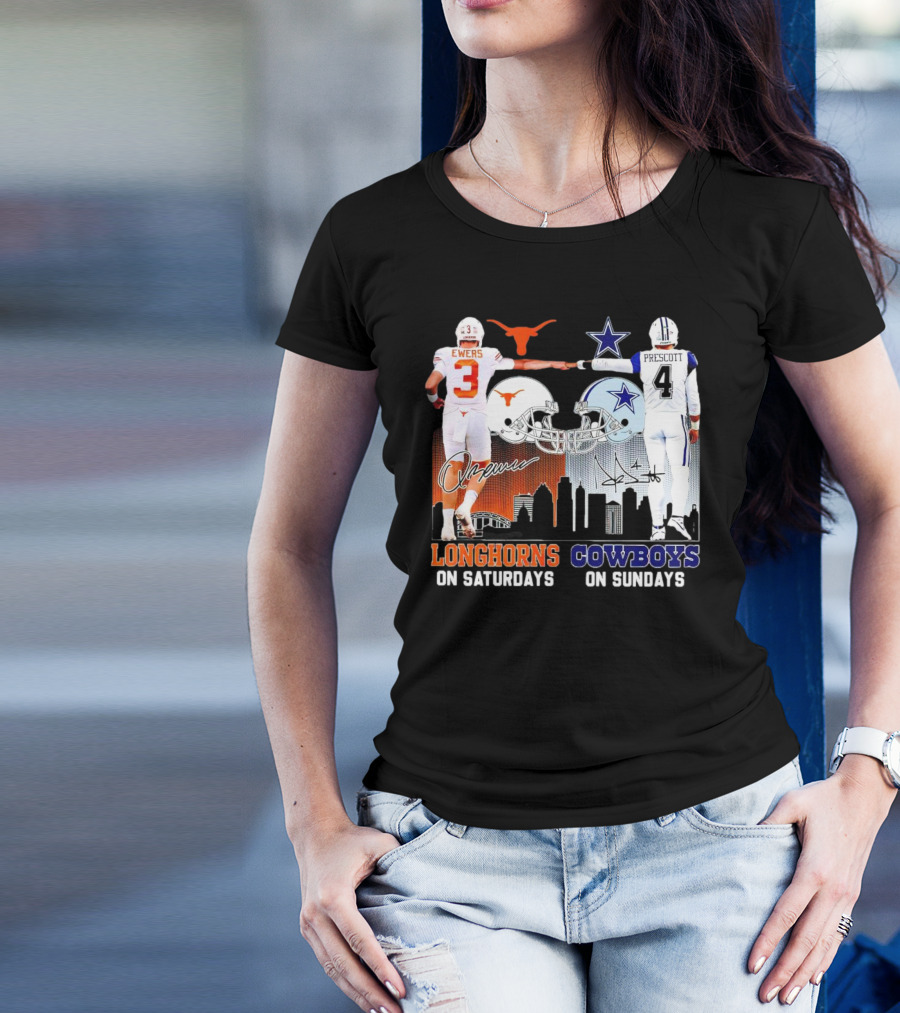 Ewers Longhorns On Saturdays Prescott Cowboys On Sundays Football Helms And Skyline T-Shirt