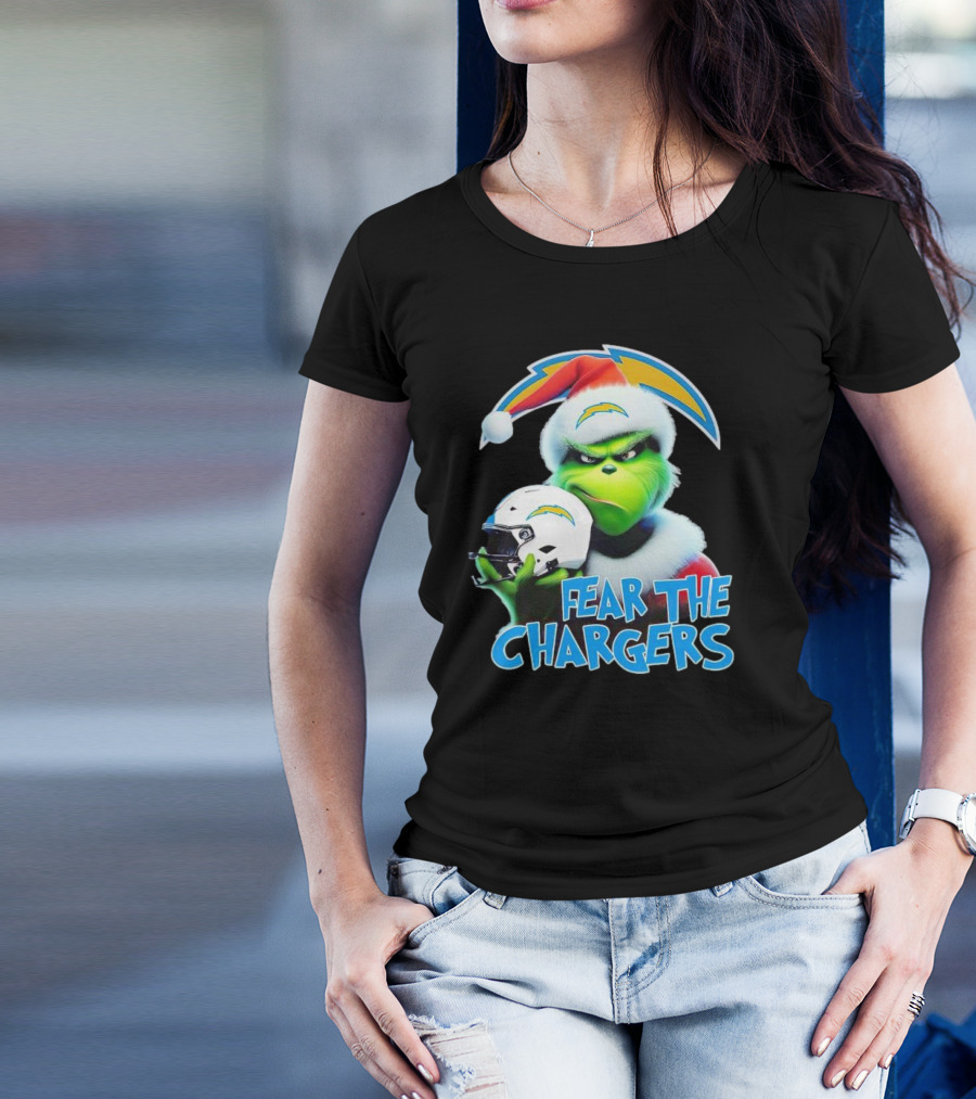 Grinch Santa Holding Los Angeles Chargers Helmet Fear The Chargers T-Shirt