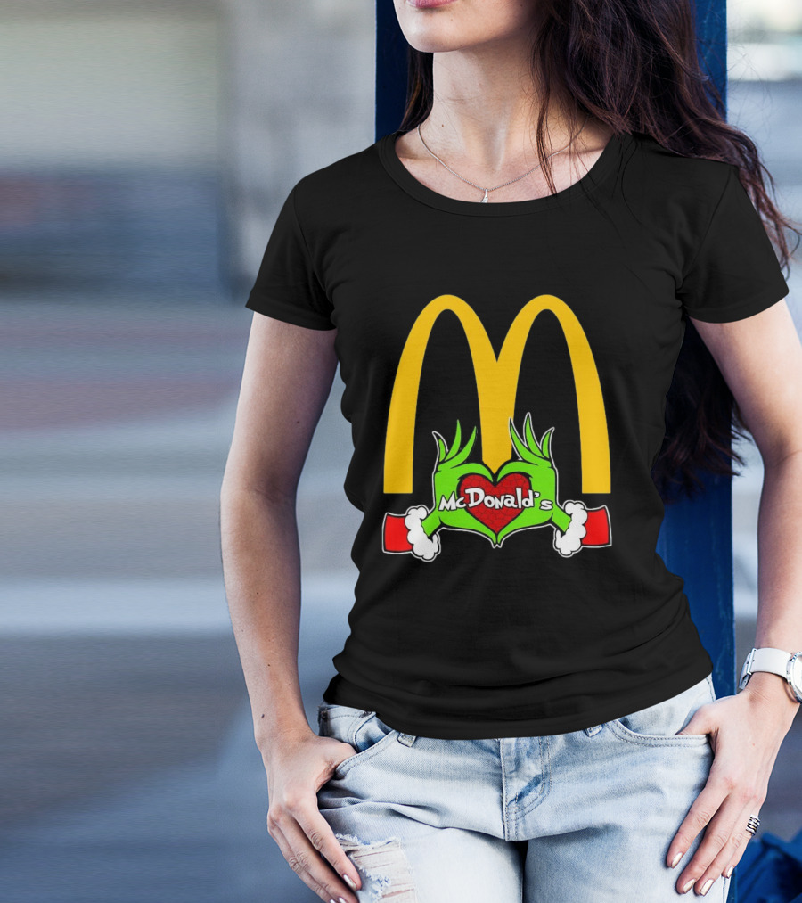 Grinch Holding Heart McDonald’s Logo Christmas T-Shirt