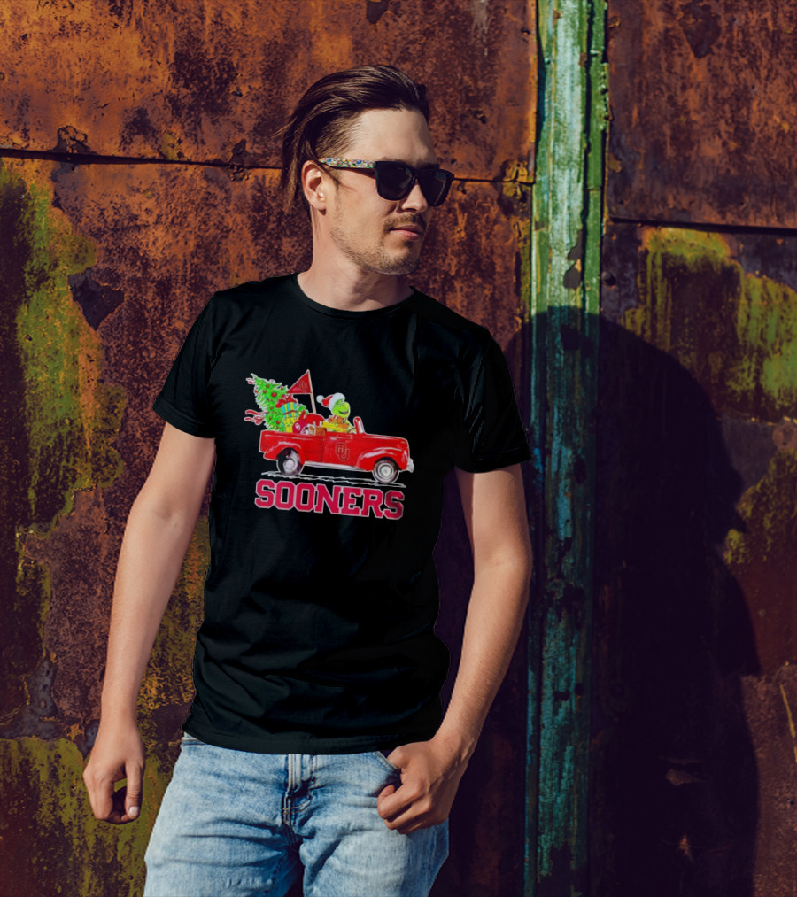 Sooners Grinch Driving Red Truck With Christmas Tree And Gifts T-Shirt