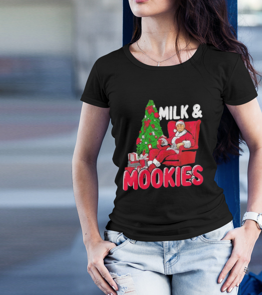 Christmas Milk And Mookies Santa By Tree T-Shirt
