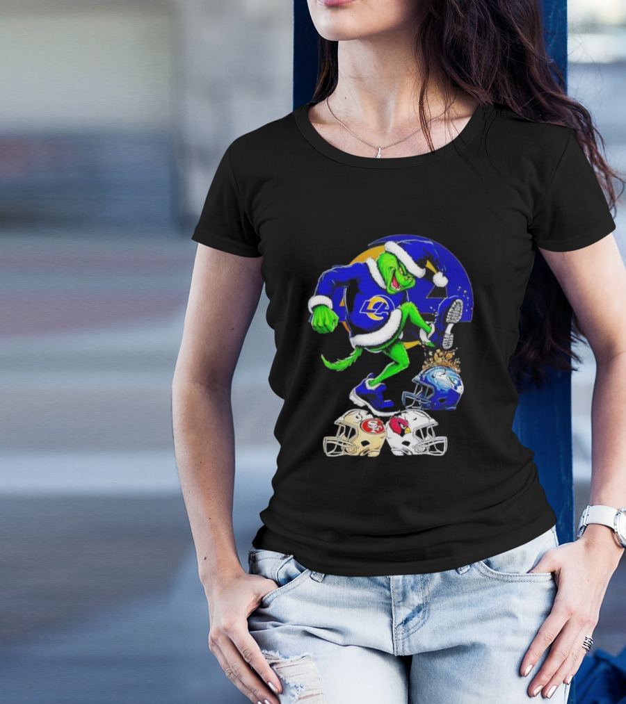 Los Angeles Rams Grinch Stomping NFL Helmets Christmas Funny Santa T-Shirt