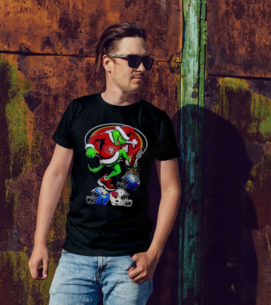 San Francisco 49ers Grinch In Santa Suit Stomps NFL Helmets Rams Cardinals Christmas T-Shirt