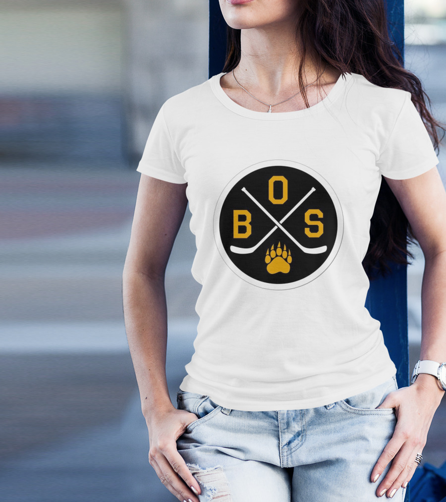 Boston Bruins Emblem BOS Hockey Sticks Paw Prints T-Shirt