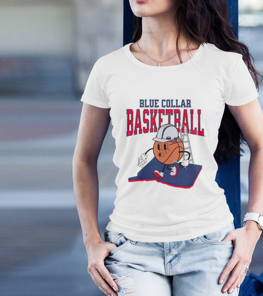 Blue Collar Basketball Hard Hat Hoop Cartoon T-Shirt