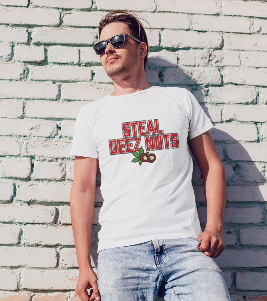 Ohio Steal Deez Nuts Red Text With Nuts And Leaves T-Shirt