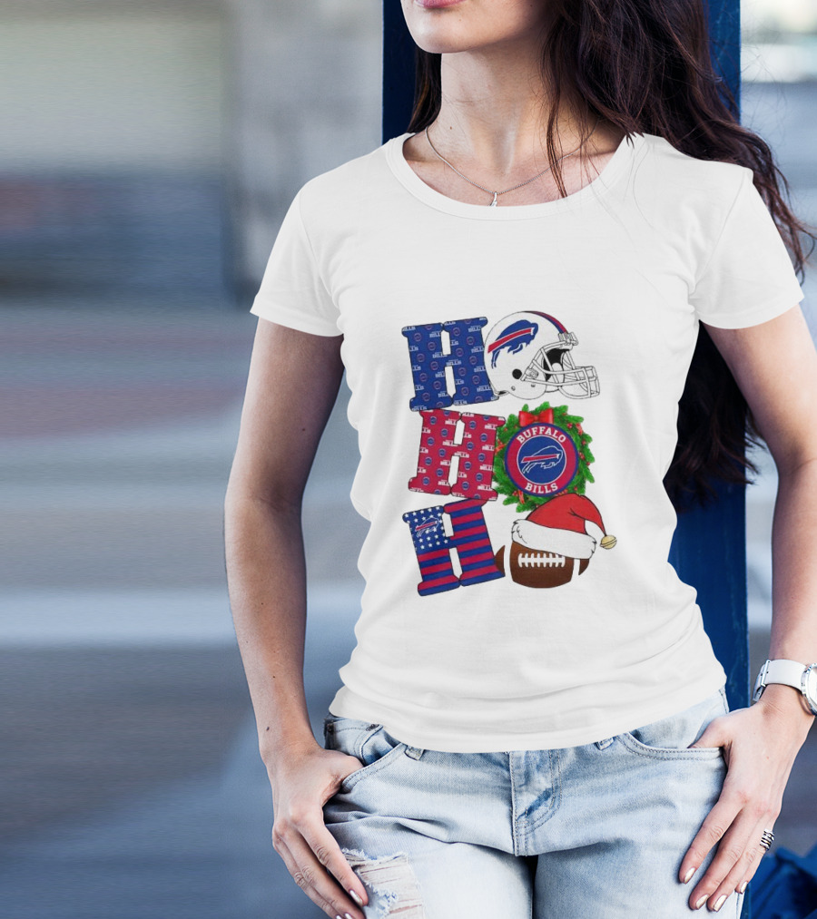 Buffalo Bills Helmet Wreath Football Santa Hat Ho Ho Ho Merry Christmas T-Shirt