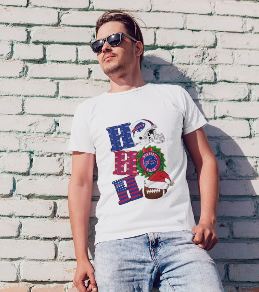 Buffalo Bills Helmet Wreath Football Santa Hat Ho Ho Ho Merry Christmas T-Shirt