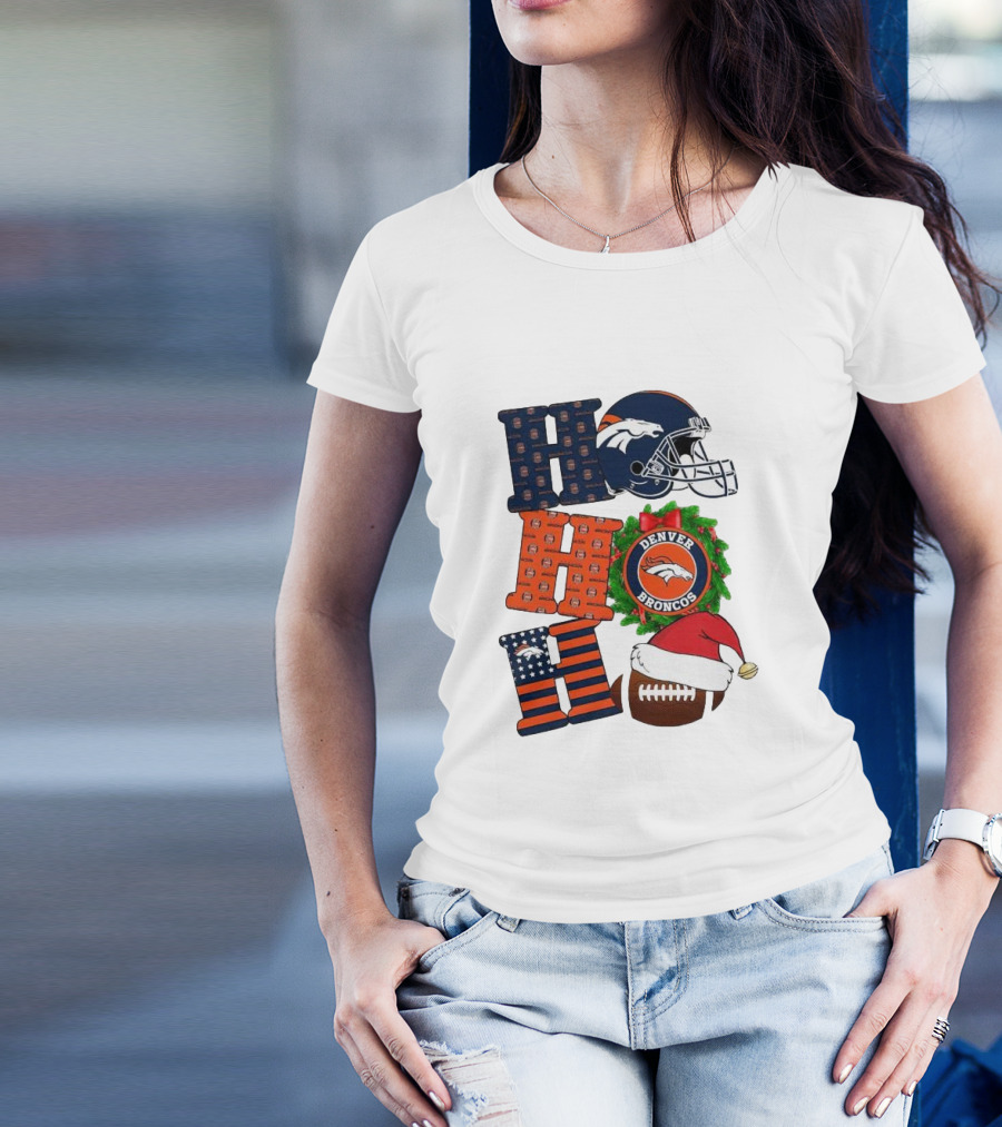 Denver Broncos Ho Ho Ho Merry Christmas Football Helmet Wreath Santa Hat Holiday T-Shirt