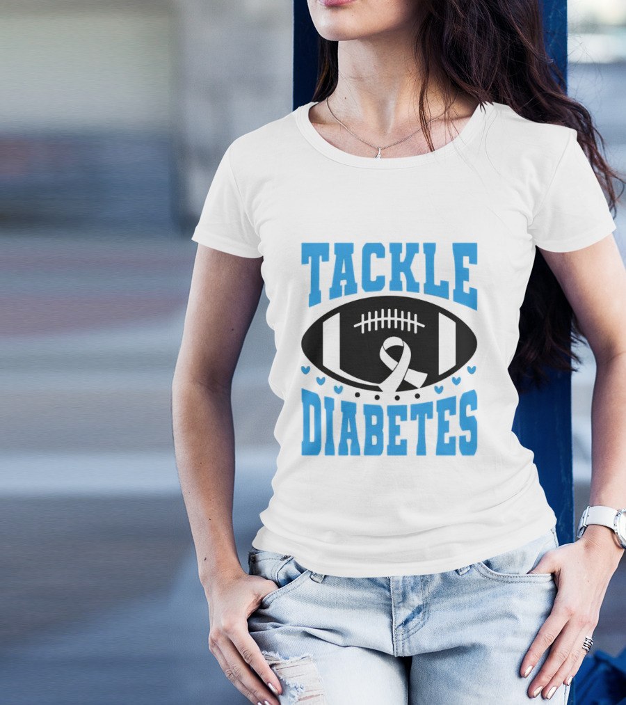 Tackle Diabetes Awareness Football Design With Blue Ribbon And Hearts T-Shirt