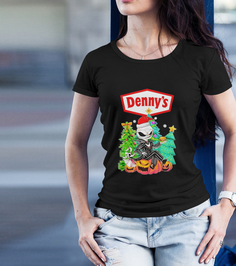 Denny’s Jack Skellington Santa Sitting On Pumpkins With Christmas Trees T-Shirt