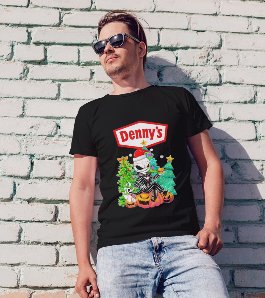 Denny’s Jack Skellington Santa Sitting On Pumpkins With Christmas Trees T-Shirt