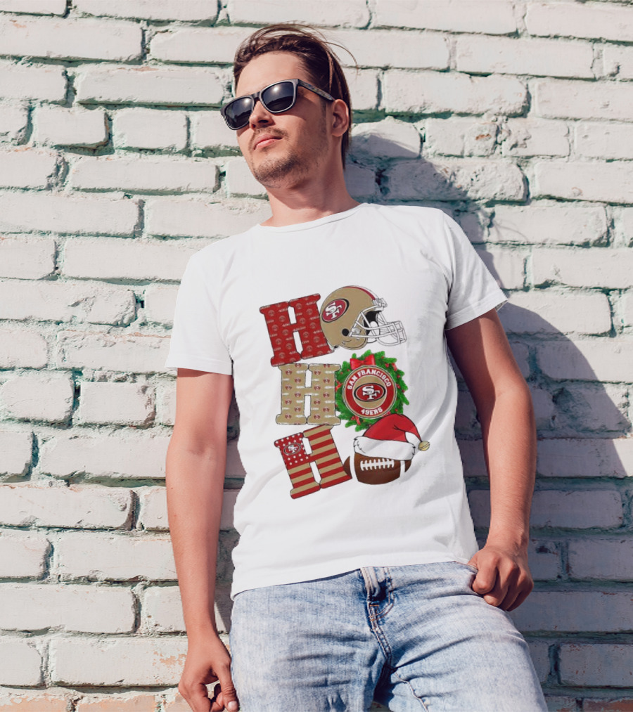 San Francisco 49ers Ho Ho Ho Merry Christmas Football Helmet Wreath Santa Hat T-Shirt