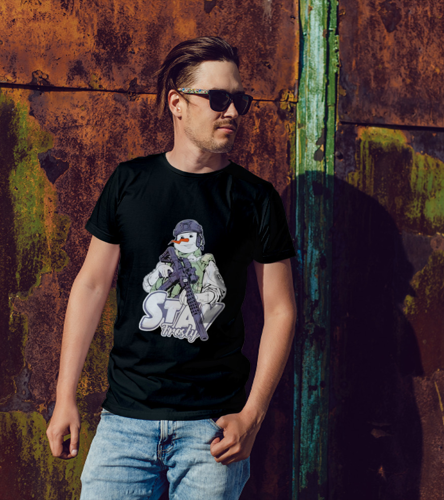 Stay Frosty Snowman Soldier With Rifle Drawing T-Shirt