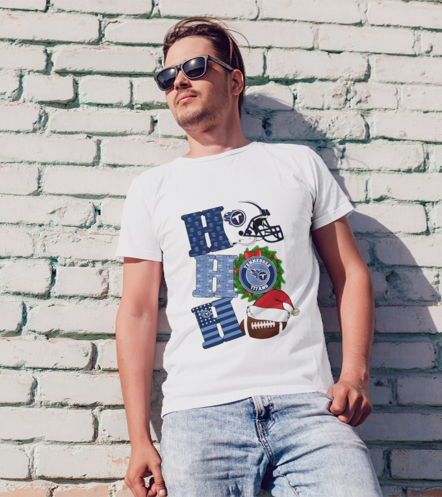 Tennessee Titans Ho Ho Ho Merry Christmas Football Helmet Santa Hat Wreath T-Shirt