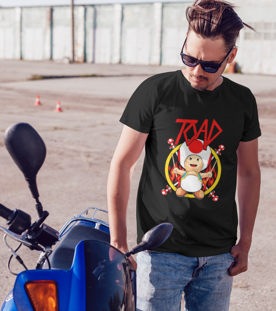 TOAD Heavy Metal Mushroom Drummer With Drumsticks And Flames Background T-Shirt