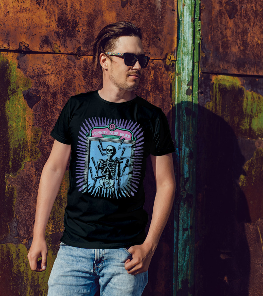 Johnny Blue Skies Skeleton Framed With Knives And Purple Aura T-Shirt