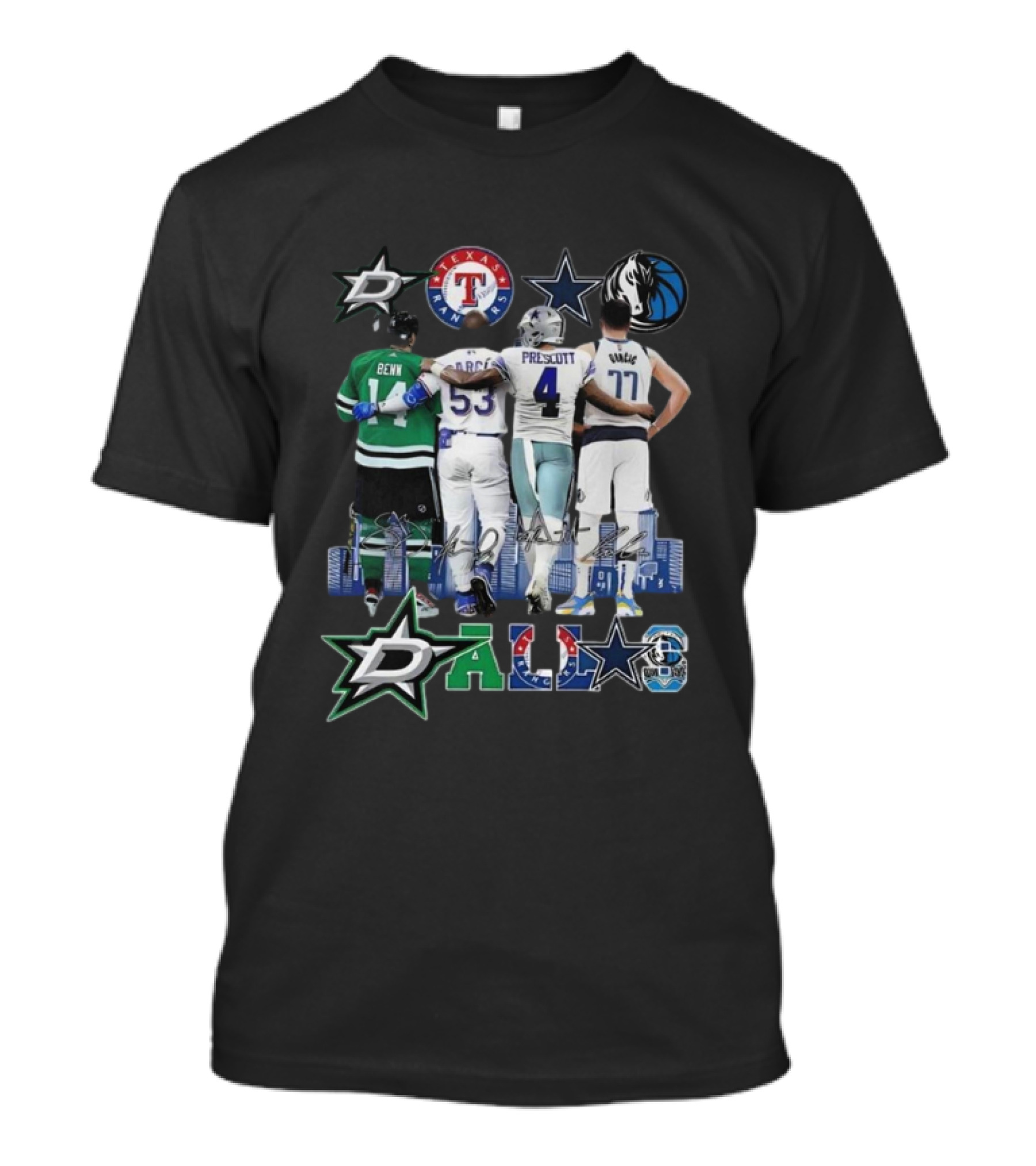 Dallas Mavericks Doncic Stars Benn Texas Rangers Cowboys Prescott Skyline Signatures T-Shirt