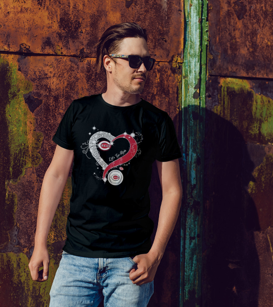 Cincinnati Reds Heart Emblem Let's Go Reds Sparkling T-Shirt