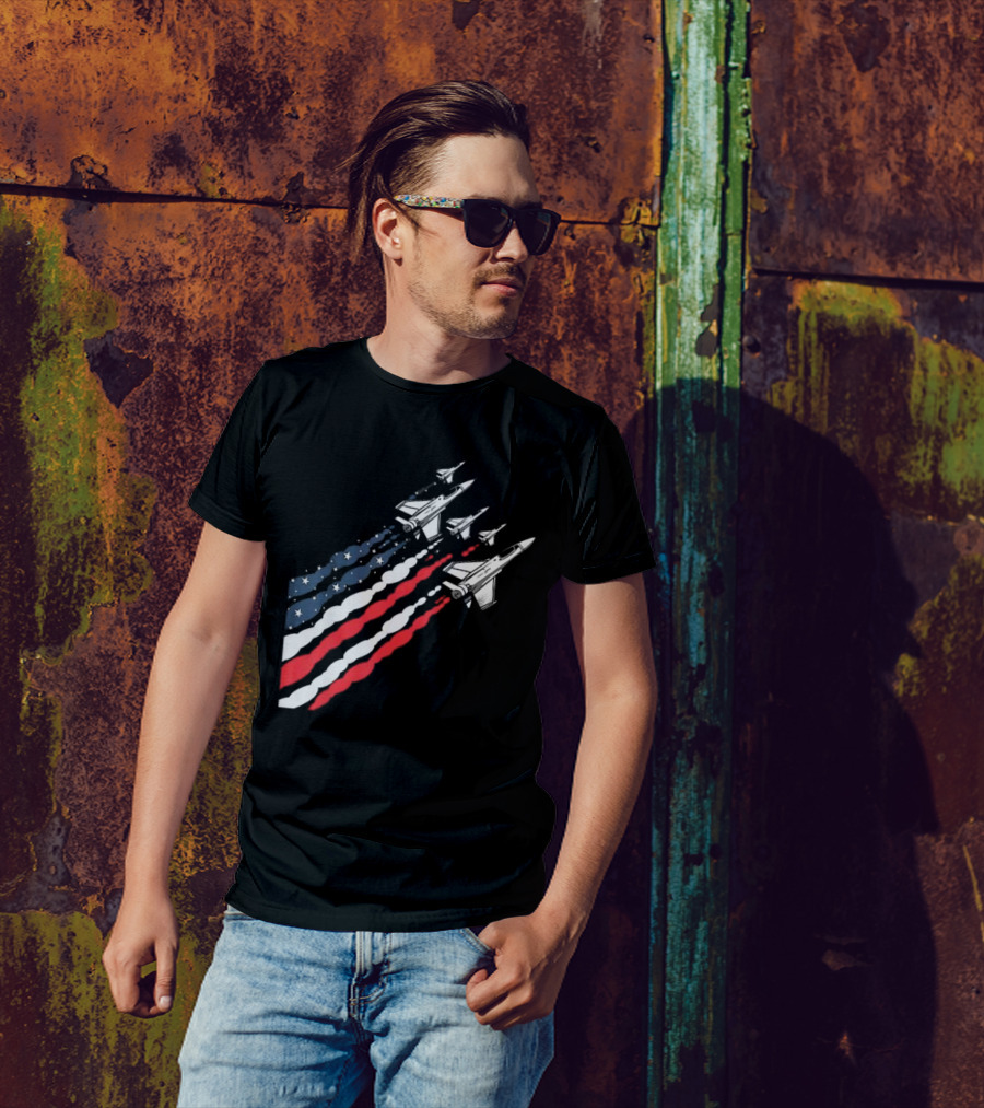 Vintage Patriotic Fighter Jet Airplane With American Flag Trail T-Shirt