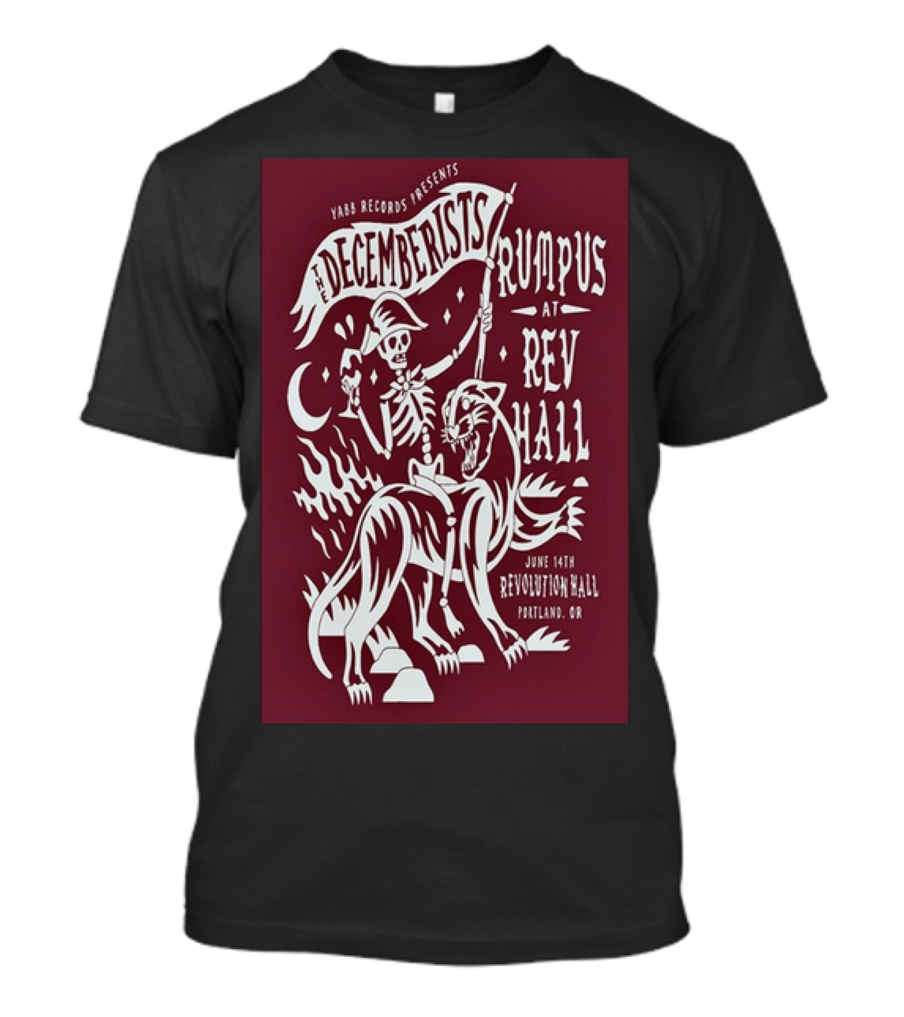 YABB Records Presents The Decemberists Rumpus At Revolution Hall June 14th Portland OR Skeleton Riding Mythical Creature T-Shirt