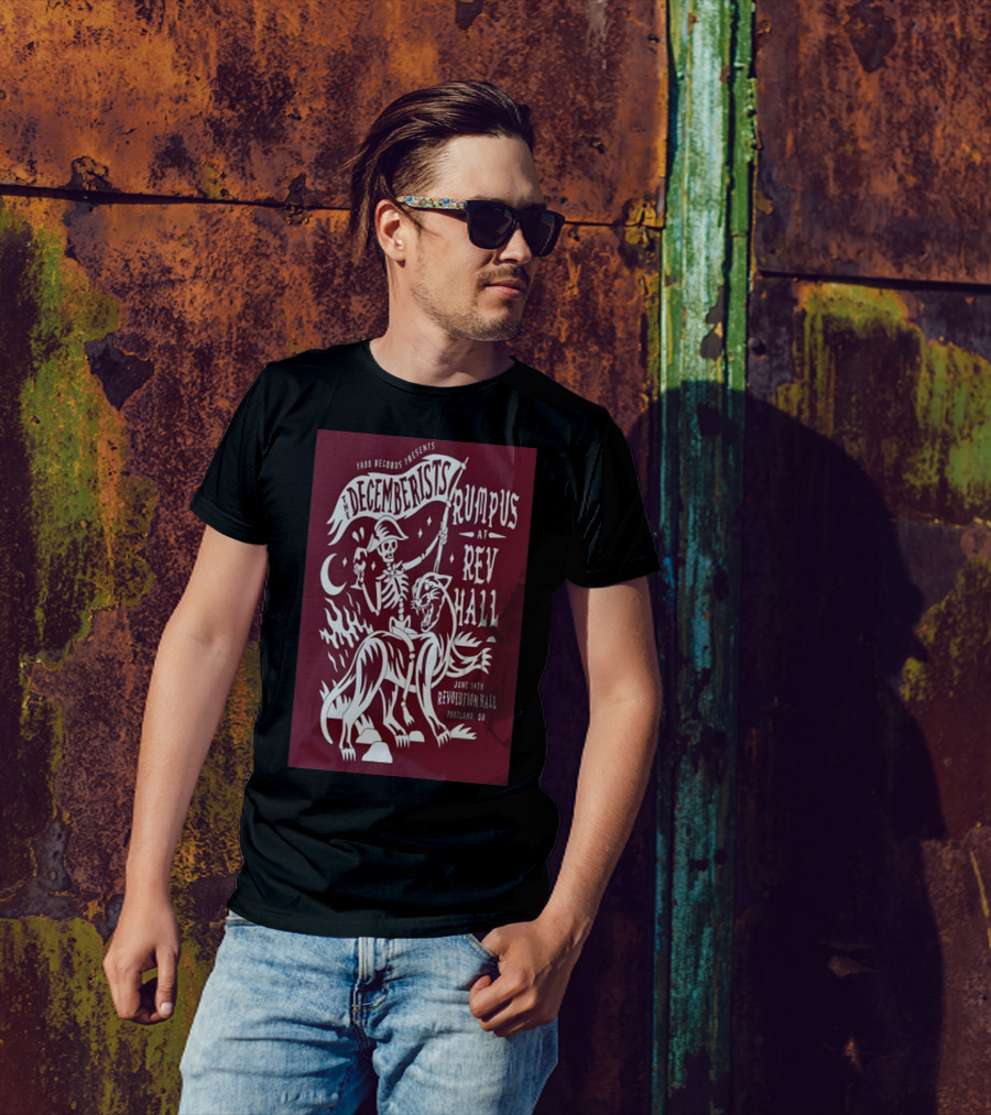 YABB Records Presents The Decemberists Rumpus At Revolution Hall June 14th Portland OR Skeleton Riding Mythical Creature T-Shirt